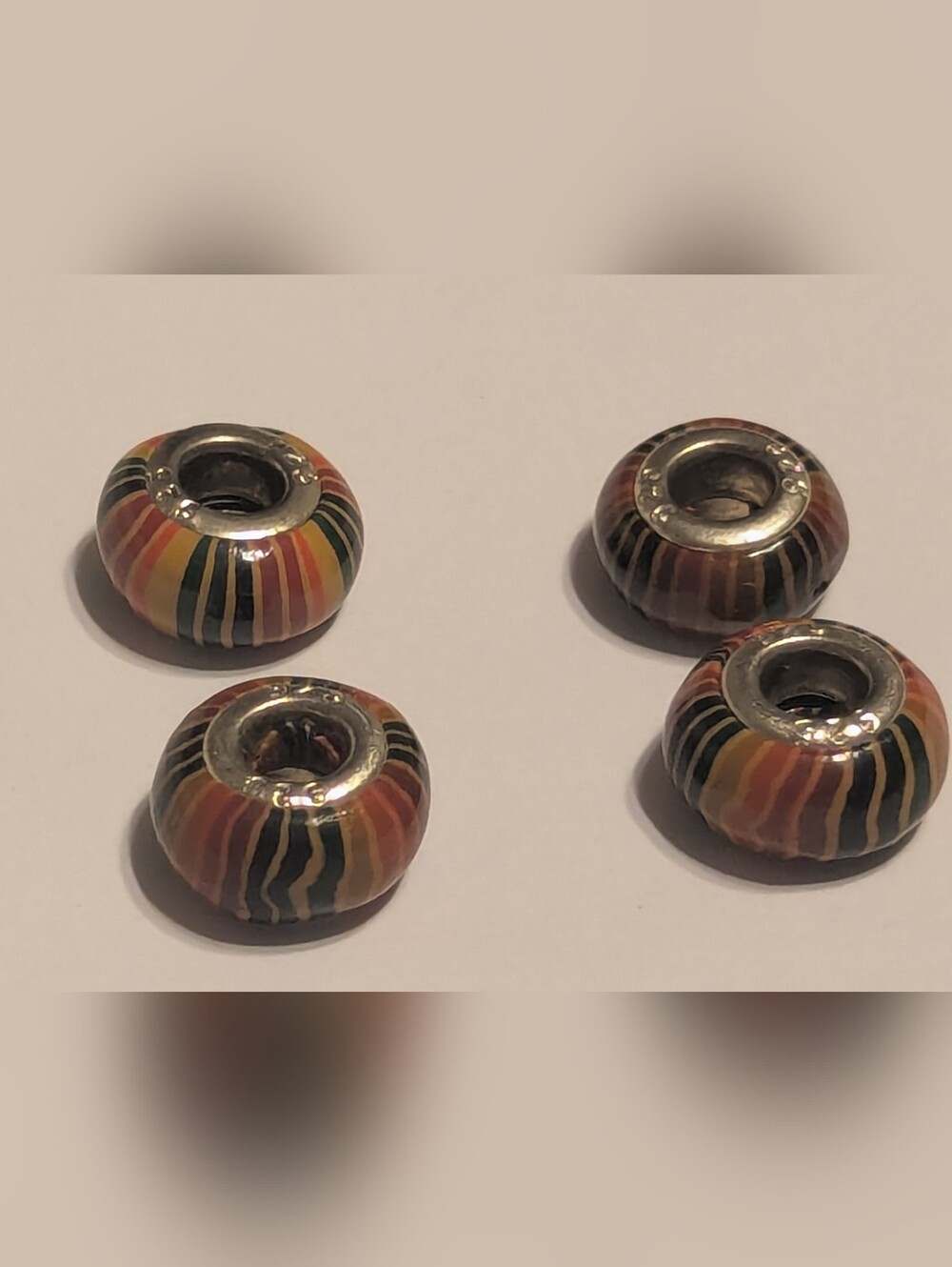 Set of 4 Rainbow Striped Lacquered Wood Beads – Sterling Silver Core